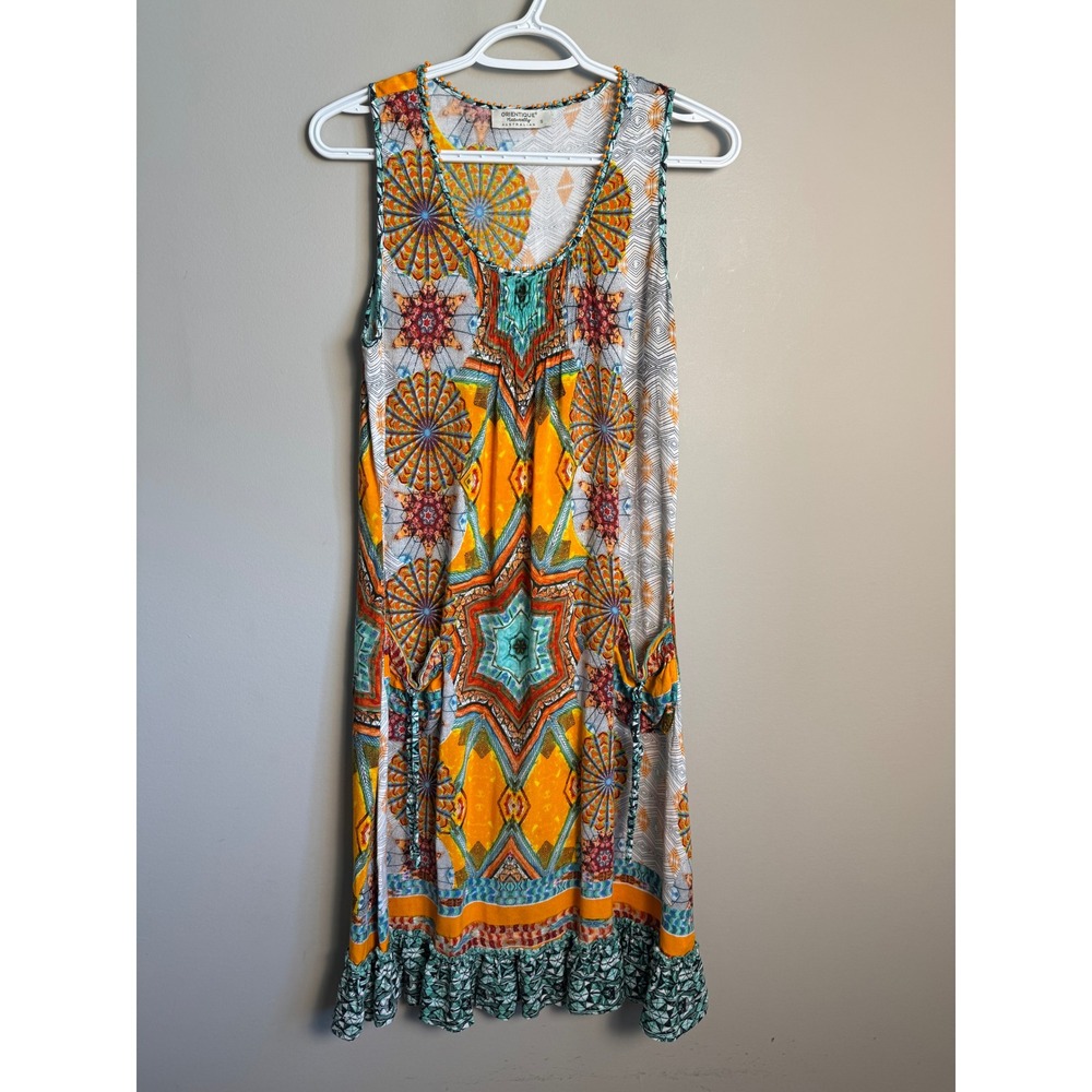 Orientique Womens Multicolor Geometric Boho Sleeveless Pocket Dress S Festival